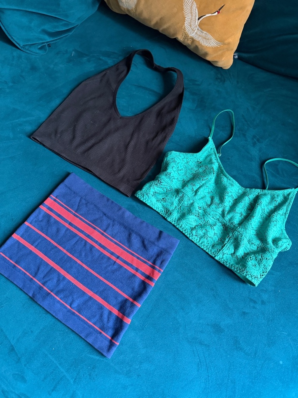 Urban Outfitters Blue Tube Top with Red Stripe, Black Halter, Green Bralette